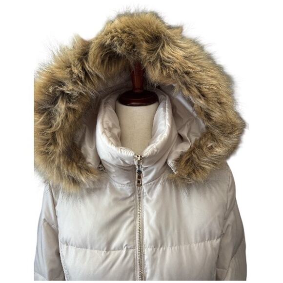 Kenneth Cole Cream Down Puffer Coat Faux Fur Trim Hood M - Picture 2 of 10